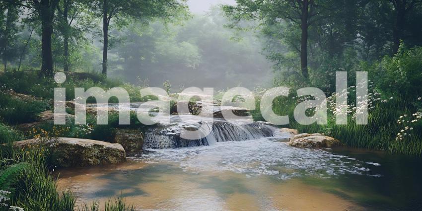 Serene Waterfall Scene Lush Greenery and Misty River