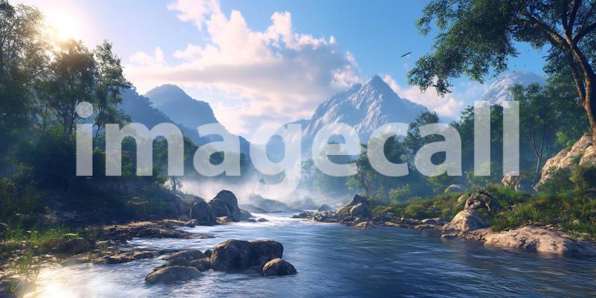Serene Mountain River Landscape Scenic Vista Background