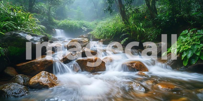 Lush Rainforest Stream Tranquil Water Flowing Over Rocks