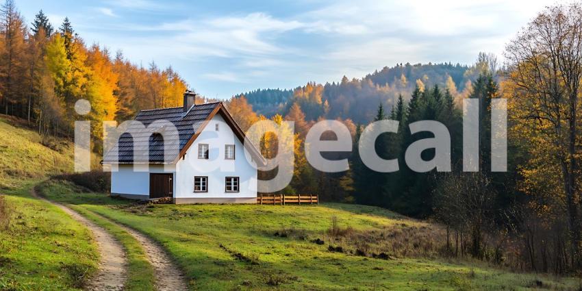 Autumnal Mountain House Scenic Rural Landscape Photography