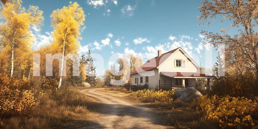 Autumnal Countryside House Golden Hues and Rustic Charm