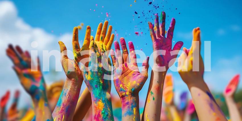 Vibrant Holi Festival Colorful Hands Reaching for the Sky