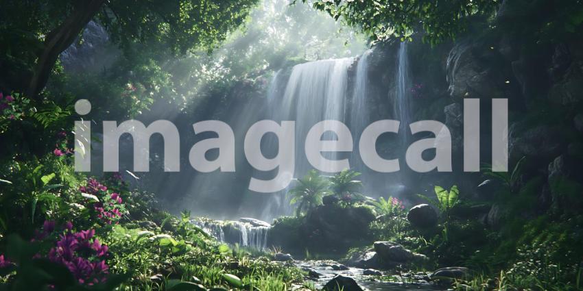 Lush Waterfall Scene Tranquil Nature Photography