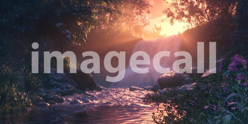 Enchanted Waterfall Magical Sunset Serene Nature Scene Fantasy L