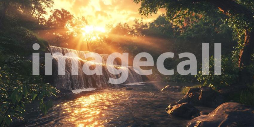 Golden Hour Waterfall Serene Nature Scene