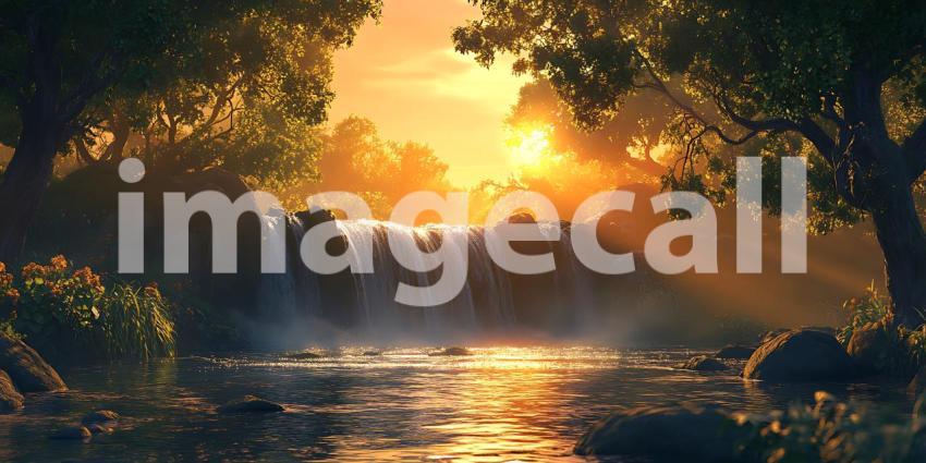 Serene Waterfall Sunset Stunning Nature Photography