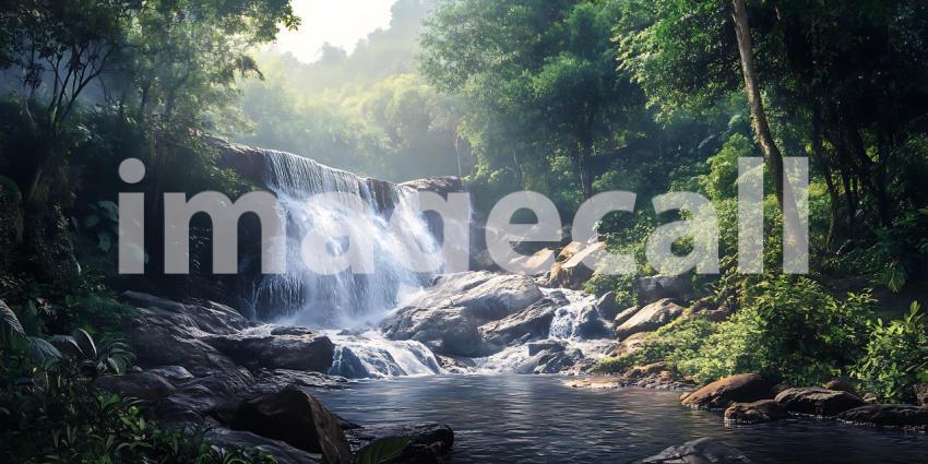 Serene Waterfall in Lush Rainforest Tranquil Nature Scene