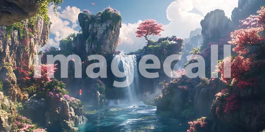 Enchanted Waterfall Fantasy Landscape Digital Art