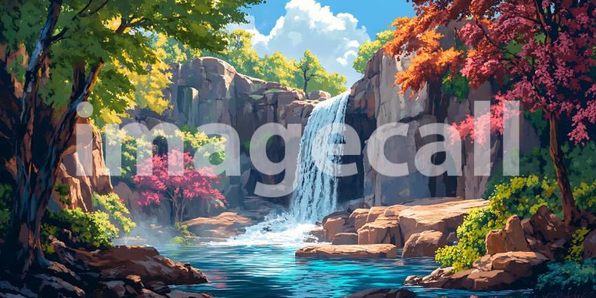 Enchanted Waterfall Digital Painting of Serene Nature Scene