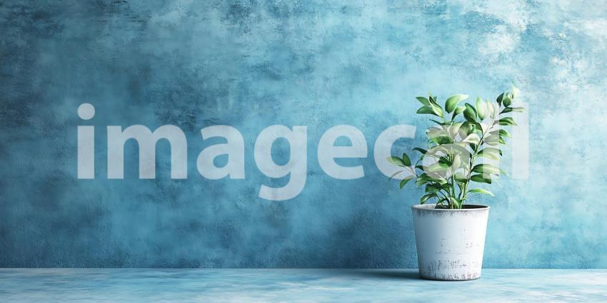 Serene Teal Background Plant in Pot Against Textured Wall