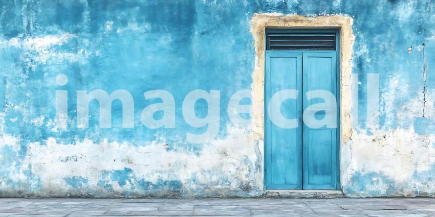 Blue Door on Weathered Wall Texture Background and Architectural