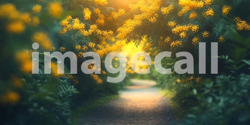 Golden Path Sunlit Nature Trail with Yellow Blossoms