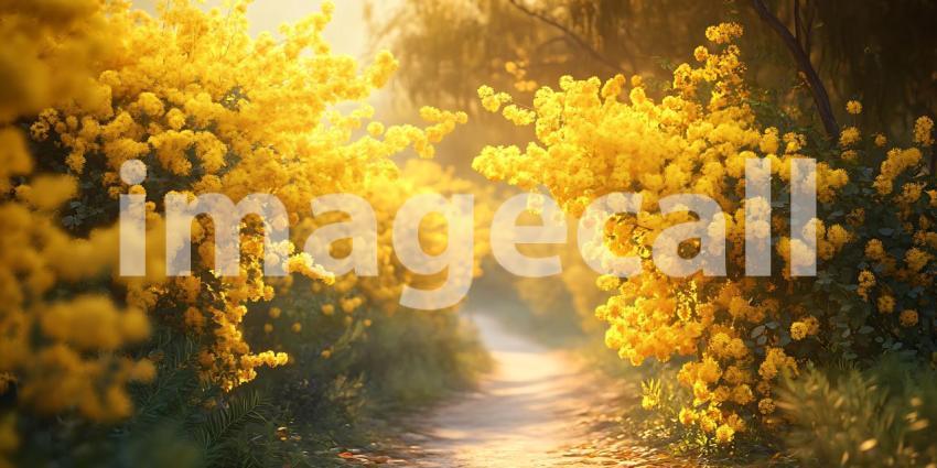 Golden Path Nature Photography of Sunlit Yellow Flowers and Path