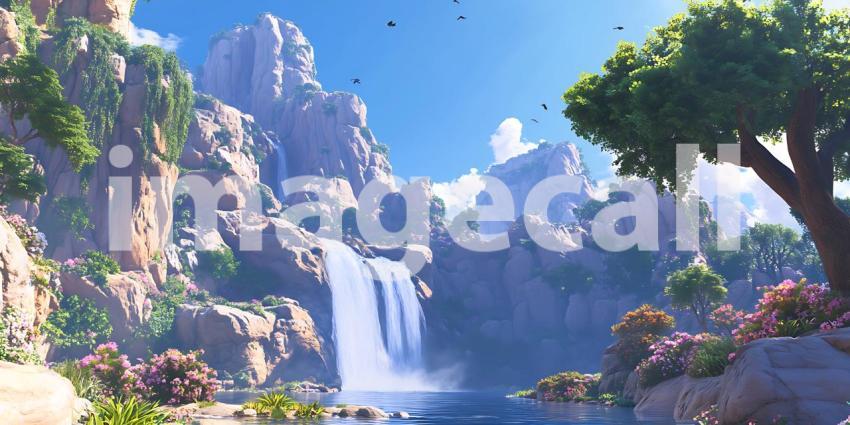 Serene Waterfall Landscape Lush Greenery Majestic Mountains Digi
