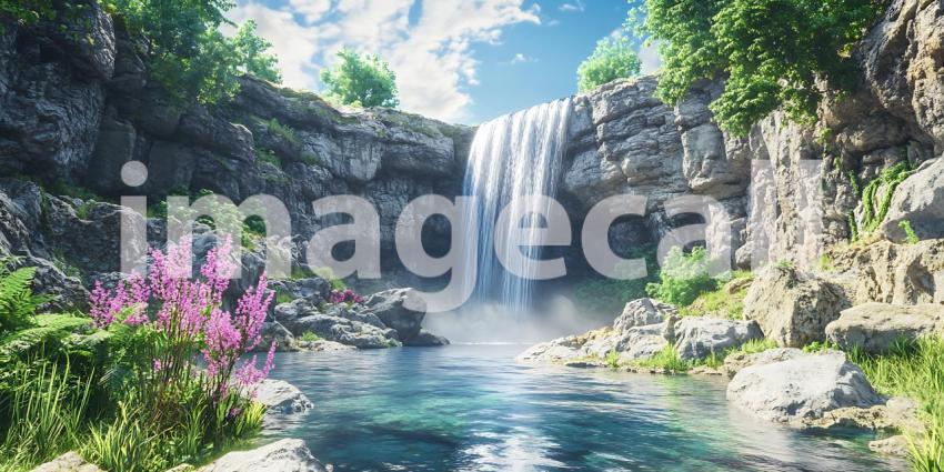 Serene Waterfall Landscape Lush Greenery Rocks and Tranquil Wate
