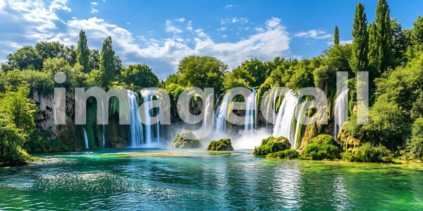 Stunning Waterfall Landscape Lush Greenery  Serene Water