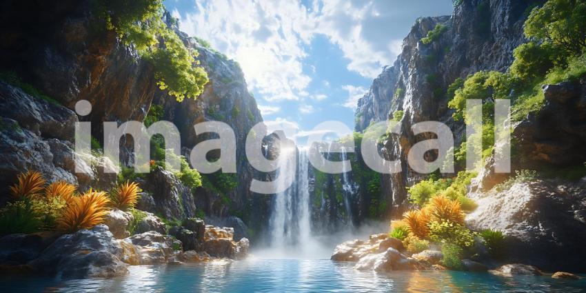 Stunning Waterfall Scene Lush Greenery Tranquil Pool Digital Art