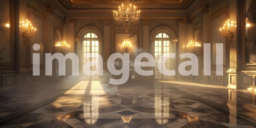 Grand Marble Hall: Luxurious Palace Ballroom with Sunlit Chandeliers and Ornate Decor