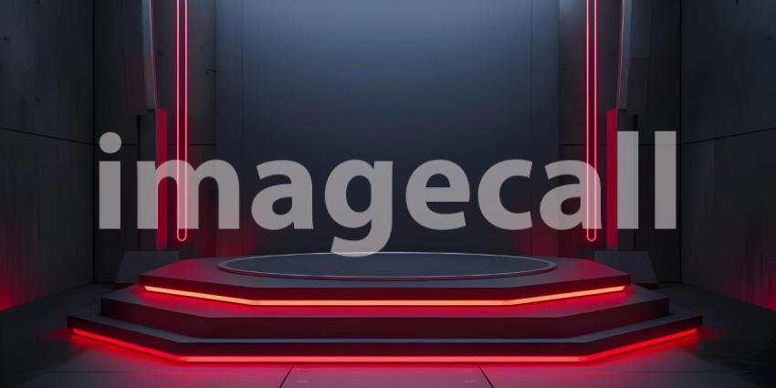 Futuristic Minimalistic Room with Circular Platform and Halo Light Fixture: A Serene, High-Tech Space with Geometric Symmetry and Sleek, Glossy Finish