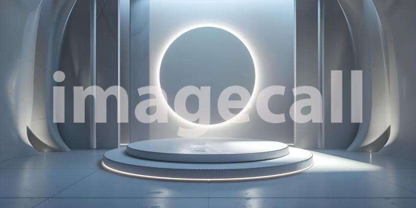 Futuristic Minimalistic Room with Circular Platform and Halo Light Fixture: A Serene, High-Tech Space with Geometric Symmetry and Sleek, Glossy Finish