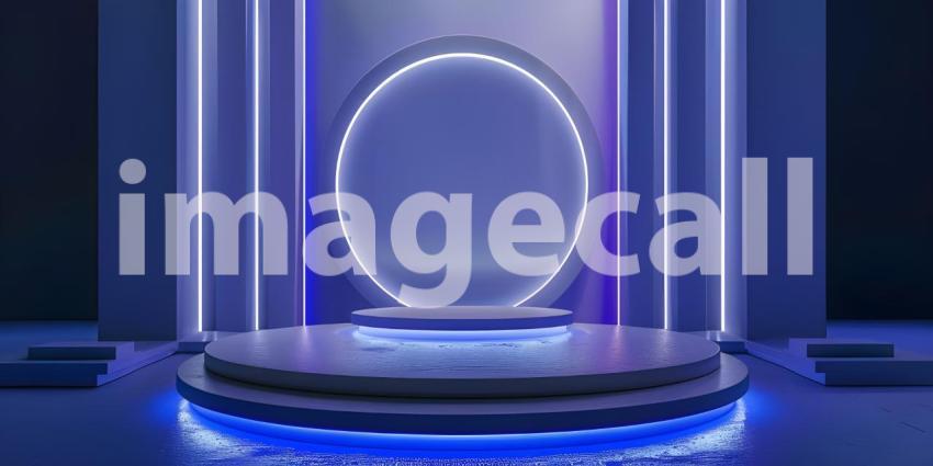 Futuristic Minimalistic Room with Circular Platform and Halo Light Fixture: A Serene, High-Tech Space with Geometric Symmetry and Sleek, Glossy Finish