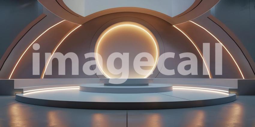 Futuristic Minimalistic Room with Circular Platform and Halo Light Fixture: A Serene, High-Tech Space with Geometric Symmetry and Sleek, Glossy Finish