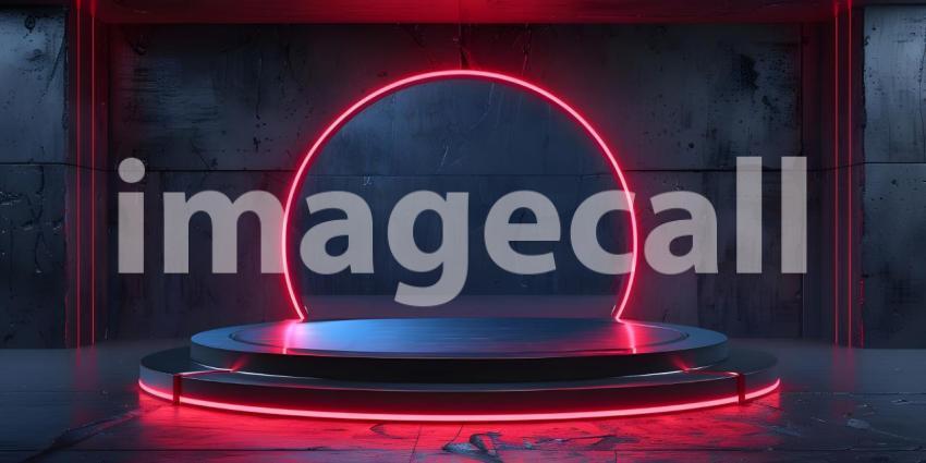 Futuristic Minimalistic Room with Circular Platform and Halo Light Fixture: A Serene, High-Tech Space with Geometric Symmetry and Sleek, Glossy Finish