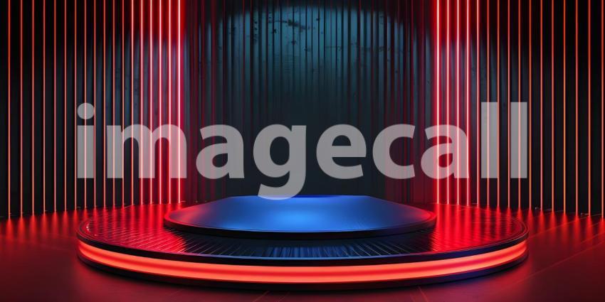 Futuristic Minimalistic Room with Circular Platform and Halo Light Fixture: A Serene, High-Tech Space with Geometric Symmetry and Sleek, Glossy Finish