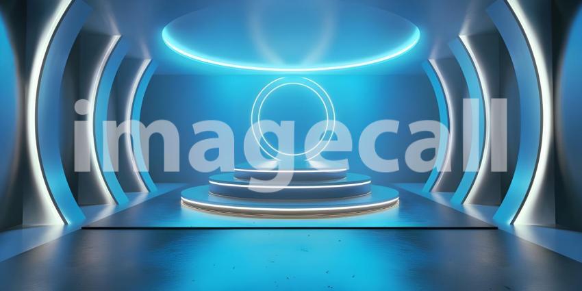 Futuristic Minimalistic Room with Circular Platform and Halo Light Fixture: A Serene, High-Tech Space with Geometric Symmetry and Sleek, Glossy Finish