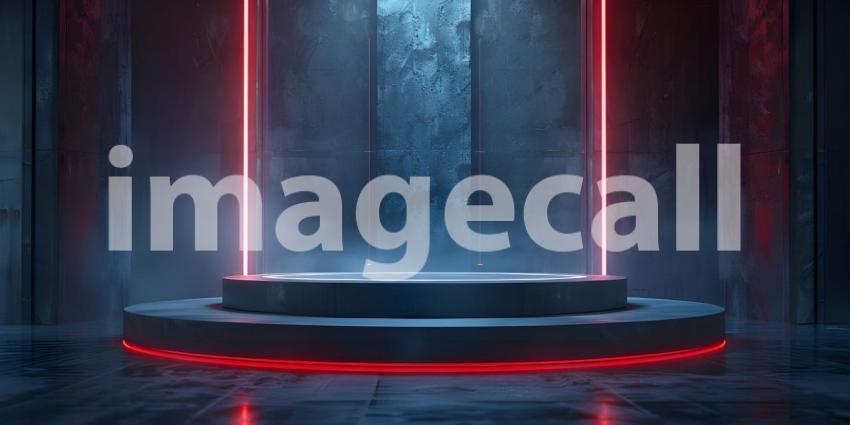 Futuristic Minimalistic Room with Circular Platform and Halo Light Fixture: A Serene, High-Tech Space with Geometric Symmetry and Sleek, Glossy Finish