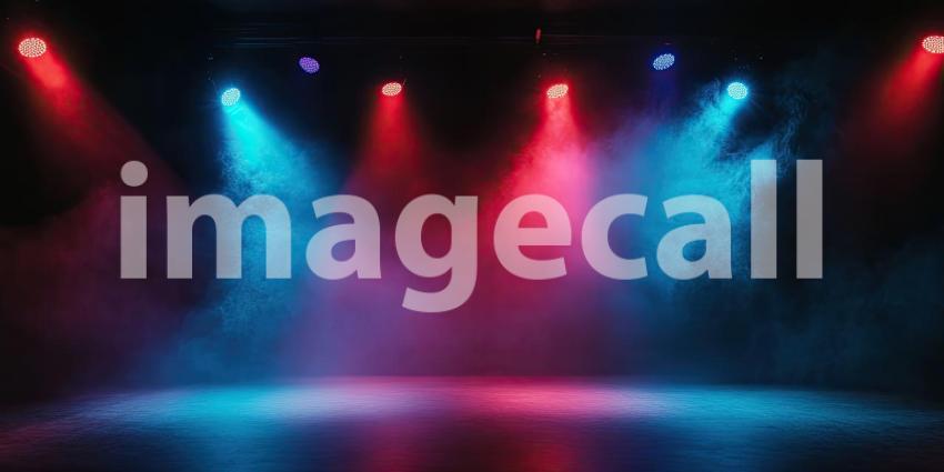 A dramatic stage bathed in a wash of vibrant blue and red light, with beams cutting through the smoke, setting the scene for an electrifying performance