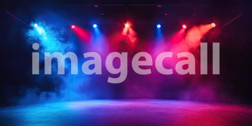 A dramatic stage bathed in a wash of vibrant blue and red light, with beams cutting through the smoke, setting the scene for an electrifying performance