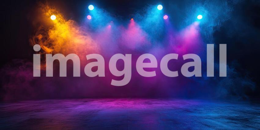 A dramatic stage bathed in a wash of vibrant blue and red light, with beams cutting through the smoke, setting the scene for an electrifying performance