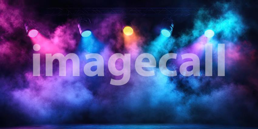 A dramatic stage bathed in a wash of vibrant blue and red light, with beams cutting through the smoke, setting the scene for an electrifying performance