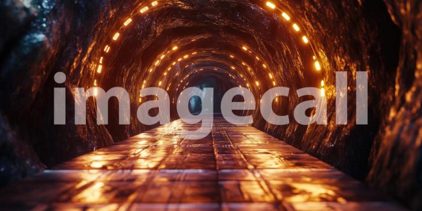 A mysterious tunnel, lined with glowing orbs, beckons the traveler deeper into the unknown, promising both danger and discovery