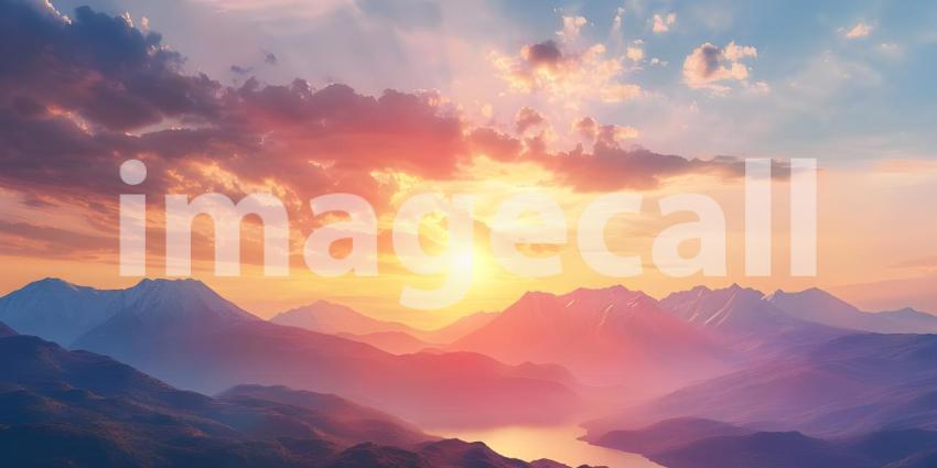 Breathtaking Sunset Over Serene Mountain Lake: A Glorious Display of Nature's Palette with Dramatic Clouds and Reflections