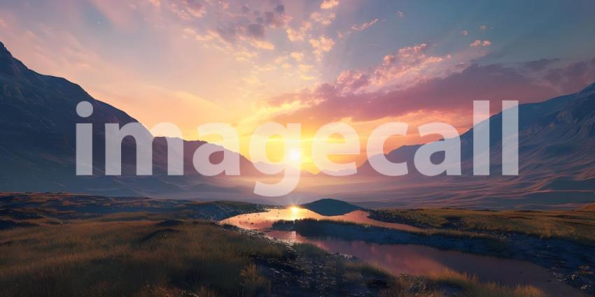 Breathtaking Sunset Over Serene Mountain Lake: A Glorious Display of Nature's Palette with Dramatic Clouds and Reflections