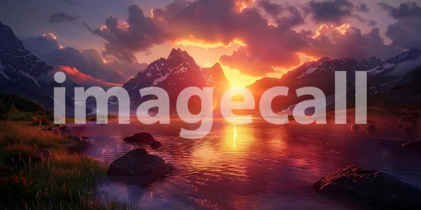 Breathtaking Sunset Over Serene Mountain Lake: A Glorious Display of Nature's Palette with Dramatic Clouds and Reflections