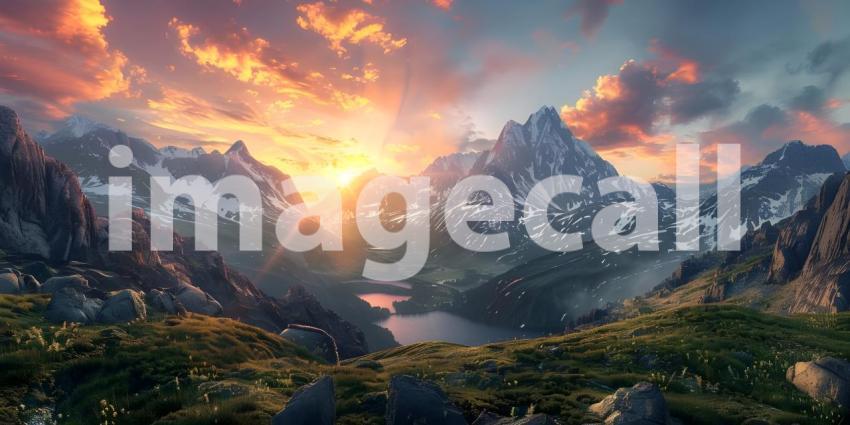 Breathtaking Sunset Over Serene Mountain Lake: A Glorious Display of Nature's Palette with Dramatic Clouds and Reflections