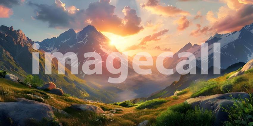 Breathtaking Sunset Over Serene Mountain Lake: A Glorious Display of Nature's Palette with Dramatic Clouds and Reflections