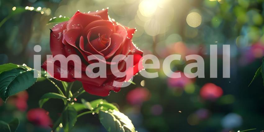 Radiant Red Rose with Dew: A Detailed Close-Up in Dreamy Sunlit Bokeh