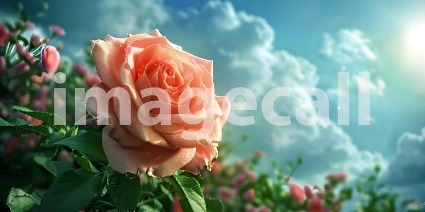 Radiant Red Rose with Dew: A Detailed Close-Up in Dreamy Sunlit Bokeh