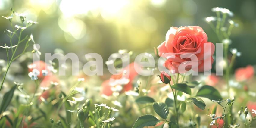 Radiant Red Rose with Dew: A Detailed Close-Up in Dreamy Sunlit Bokeh