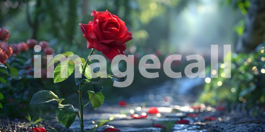 Radiant Red Rose with Dew: A Detailed Close-Up in Dreamy Sunlit Bokeh