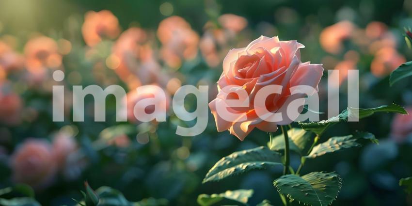 Radiant Red Rose with Dew: A Detailed Close-Up in Dreamy Sunlit Bokeh