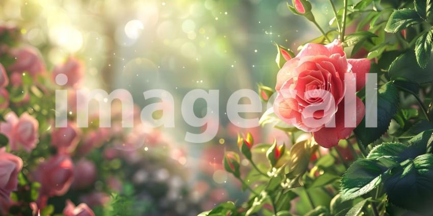 Radiant Red Rose with Dew: A Detailed Close-Up in Dreamy Sunlit Bokeh