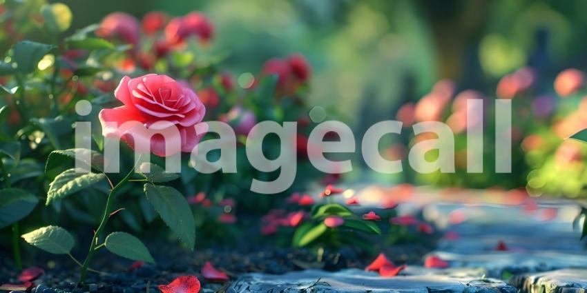 Radiant Red Rose with Dew: A Detailed Close-Up in Dreamy Sunlit Bokeh