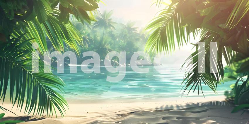 Tropical Beach Paradise: Aerial View of Pristine Turquoise Waters Gently Lapping onto Sandy Shores Framed by Lush Palm Leaves