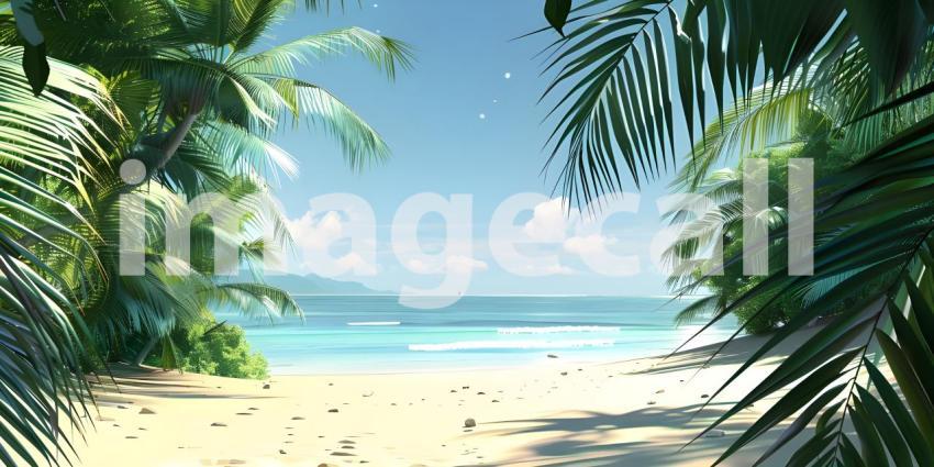 Tropical Beach Paradise: Aerial View of Pristine Turquoise Waters Gently Lapping onto Sandy Shores Framed by Lush Palm Leaves