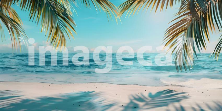 Tropical Beach Paradise: Aerial View of Pristine Turquoise Waters Gently Lapping onto Sandy Shores Framed by Lush Palm Leaves
